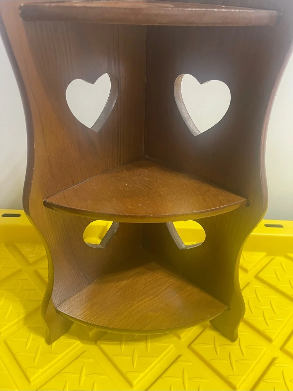 Vintage Wooden Corner Wall Shelf with Heart Cutouts - Brown